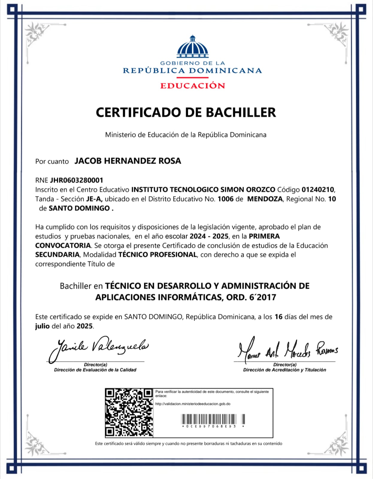 Bachiller Técnico en Desarrollo y Administración de Aplicaciones Informáticas